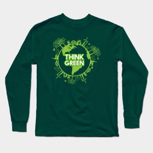 Think green lettering design inside earth globe surrounded by clean energy Long Sleeve T-Shirt